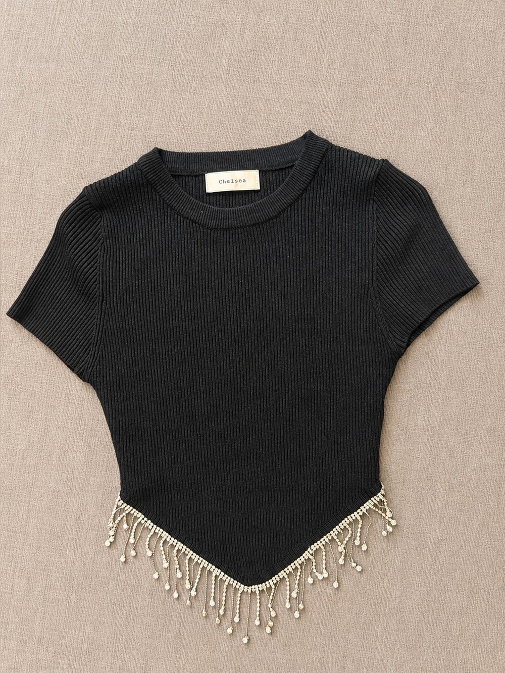 Black Ribbed Rhinestone Fringe Top